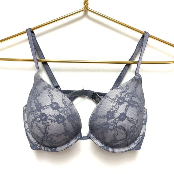 Victorias Secret Push Up Bra Size 32D Grey Lace Convertible Straps Padded - Picture 1 of 10